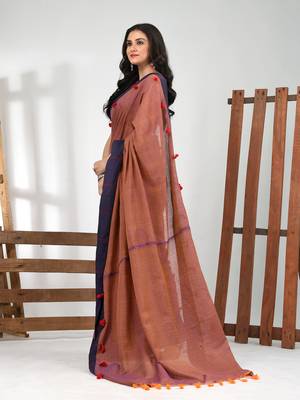 Orange & blue dual tone cotton soft saree with solid pattern 2