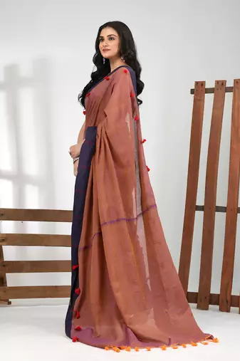 Orange & blue dual tone cotton soft saree with solid pattern