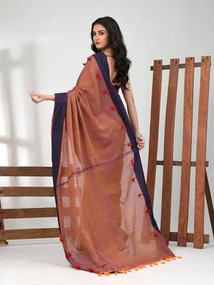 Orange & blue dual tone cotton soft saree with solid pattern 3