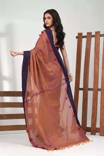 Orange & blue dual tone cotton soft saree with solid pattern