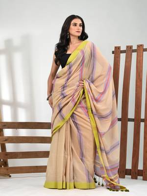 Beige cotton soft saree with stripe pattern 1