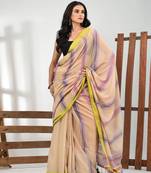 Beige cotton soft saree with stripe pattern