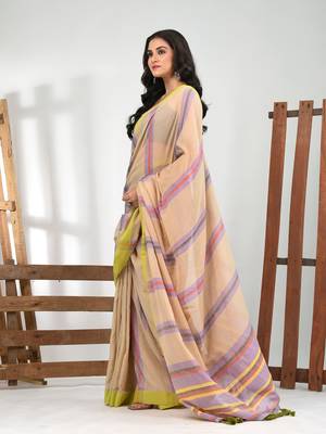 Beige cotton soft saree with stripe pattern 2