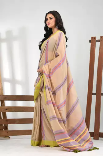 Beige cotton soft saree with stripe pattern