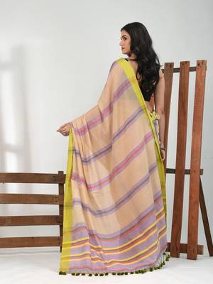 Beige cotton soft saree with stripe pattern 3