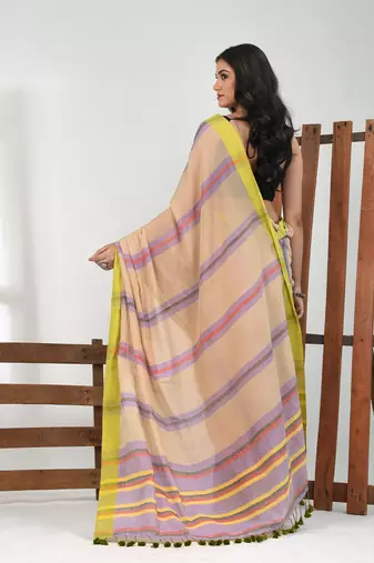 Beige cotton soft saree with stripe pattern