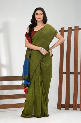 Green stripe cotton soft saree with sequins