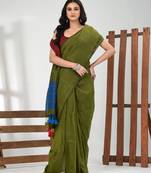 Green stripe cotton soft saree with sequins