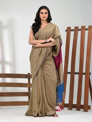 Ecru stripe cotton soft saree with sequins 1