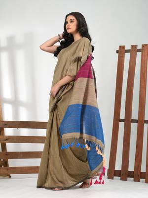 Ecru stripe cotton soft saree with sequins 2
