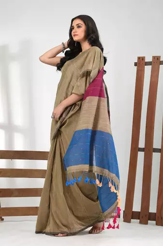 Ecru stripe cotton soft saree with sequins