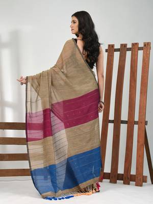 Ecru stripe cotton soft saree with sequins 3