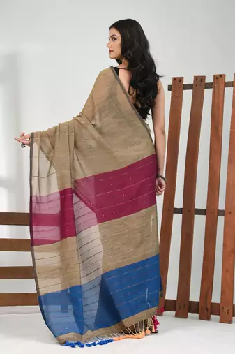 Ecru stripe cotton soft saree with sequins