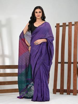 Violet stripe cotton soft saree with sequins 1
