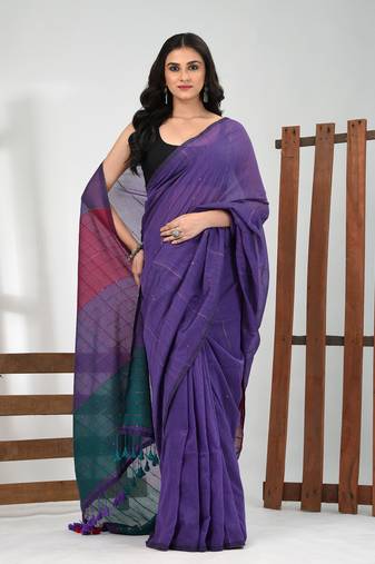Violet stripe cotton soft saree with sequins