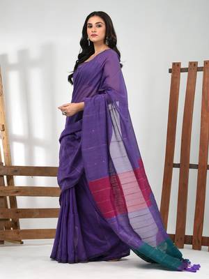 Violet stripe cotton soft saree with sequins 2