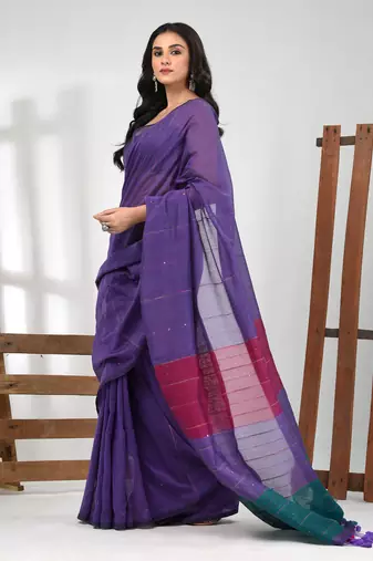 Violet stripe cotton soft saree with sequins