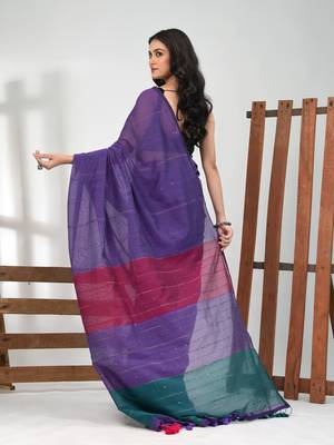 Violet stripe cotton soft saree with sequins 3