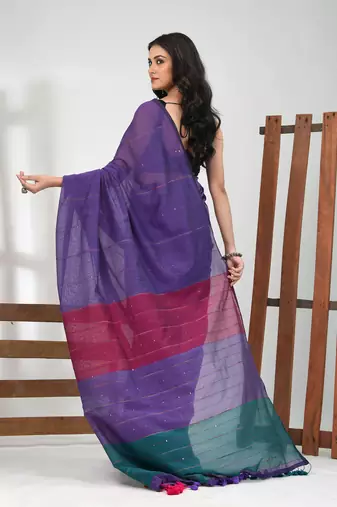Violet stripe cotton soft saree with sequins