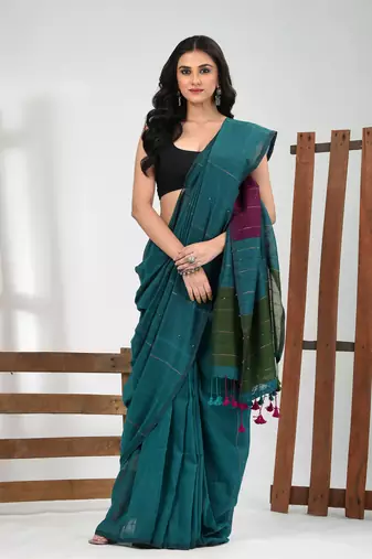 Teal stripe cotton soft saree with sequins