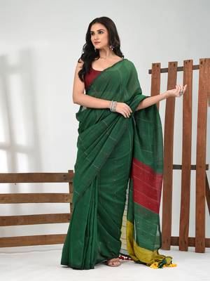 Green stripe cotton soft saree with sequins 1