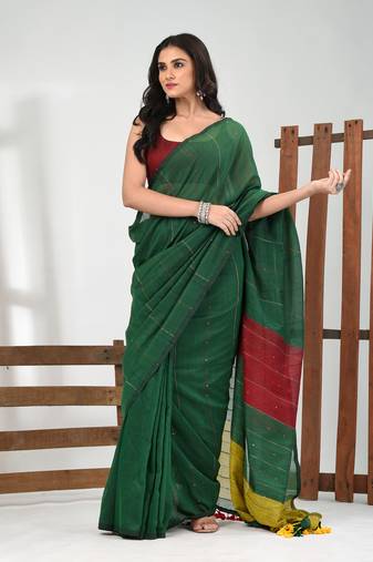 Green stripe cotton soft saree with sequins