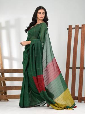 Green stripe cotton soft saree with sequins 2