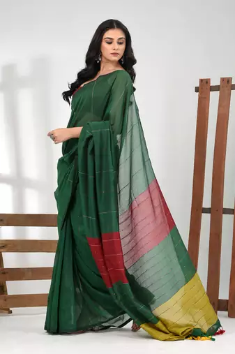 Green stripe cotton soft saree with sequins