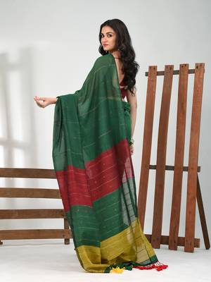 Green stripe cotton soft saree with sequins 3