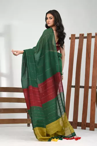 Green stripe cotton soft saree with sequins