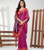 Magenta cotton soft saree with stripe pattern