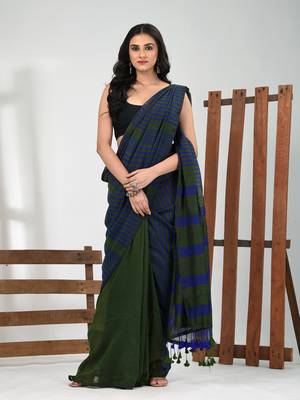 Green cotton soft saree with stripe pattern 1
