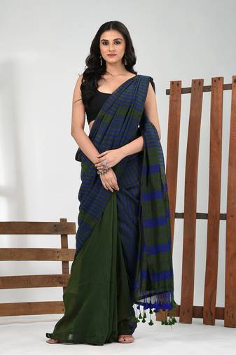 Green cotton soft saree with stripe pattern