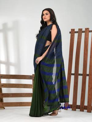 Green cotton soft saree with stripe pattern 2