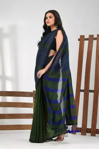 Green cotton soft saree with stripe pattern