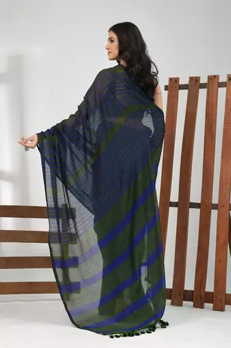 Green cotton soft saree with stripe pattern
