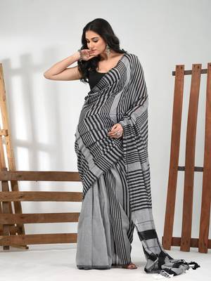 Grey cotton soft saree with stripe pattern 1