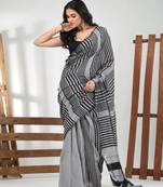 Grey cotton soft saree with stripe pattern
