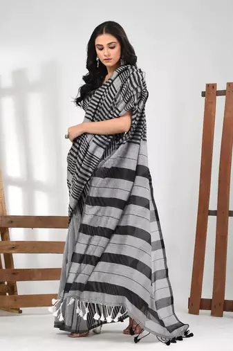 Grey cotton soft saree with stripe pattern