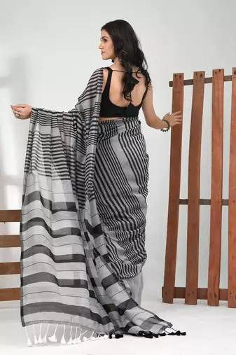 Grey cotton soft saree with stripe pattern