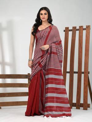 Dark red cotton soft saree with stripe pattern 1