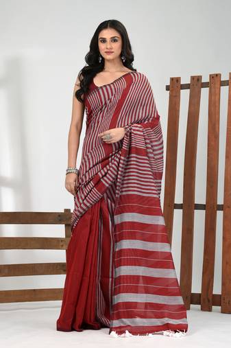 Dark red cotton soft saree with stripe pattern