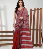 Dark red cotton soft saree with stripe pattern