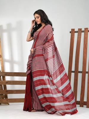 Dark red cotton soft saree with stripe pattern 2