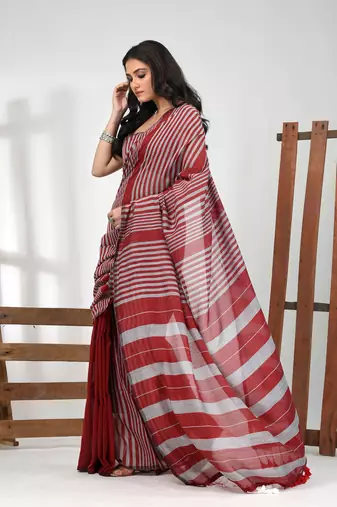 Dark red cotton soft saree with stripe pattern