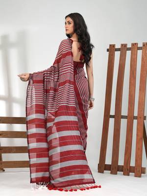 Dark red cotton soft saree with stripe pattern 3