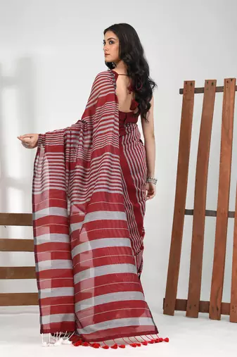 Dark red cotton soft saree with stripe pattern