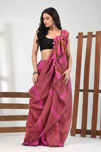 Pink and mustard cotton soft saree with stripe pattern
