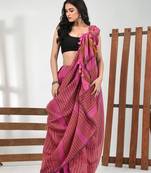 Pink and mustard cotton soft saree with stripe pattern