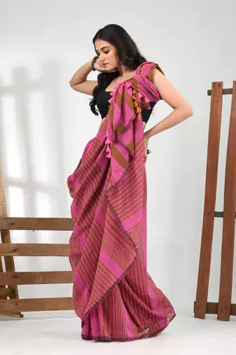 Pink and mustard cotton soft saree with stripe pattern